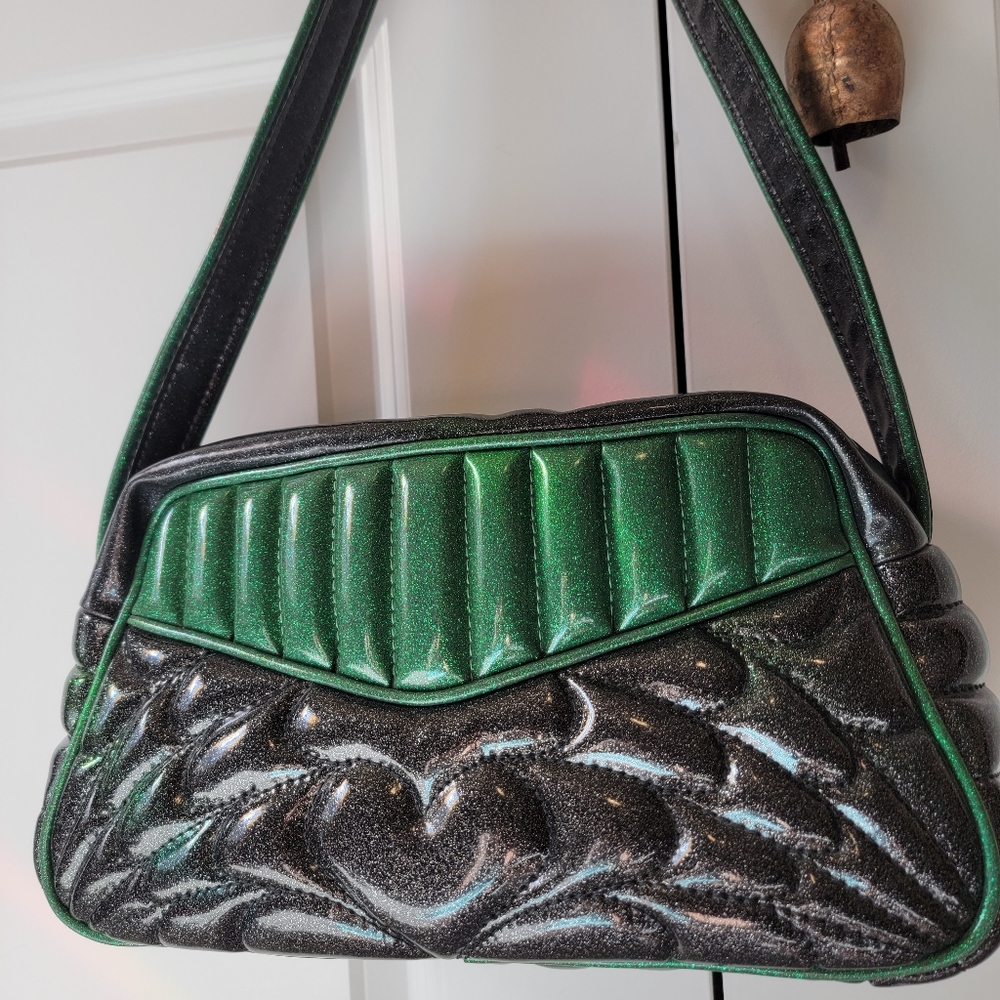 Vintage Retro Glitter Vinyl Spiderweb Heart Rockabilly Purse - Picture 2 of 8